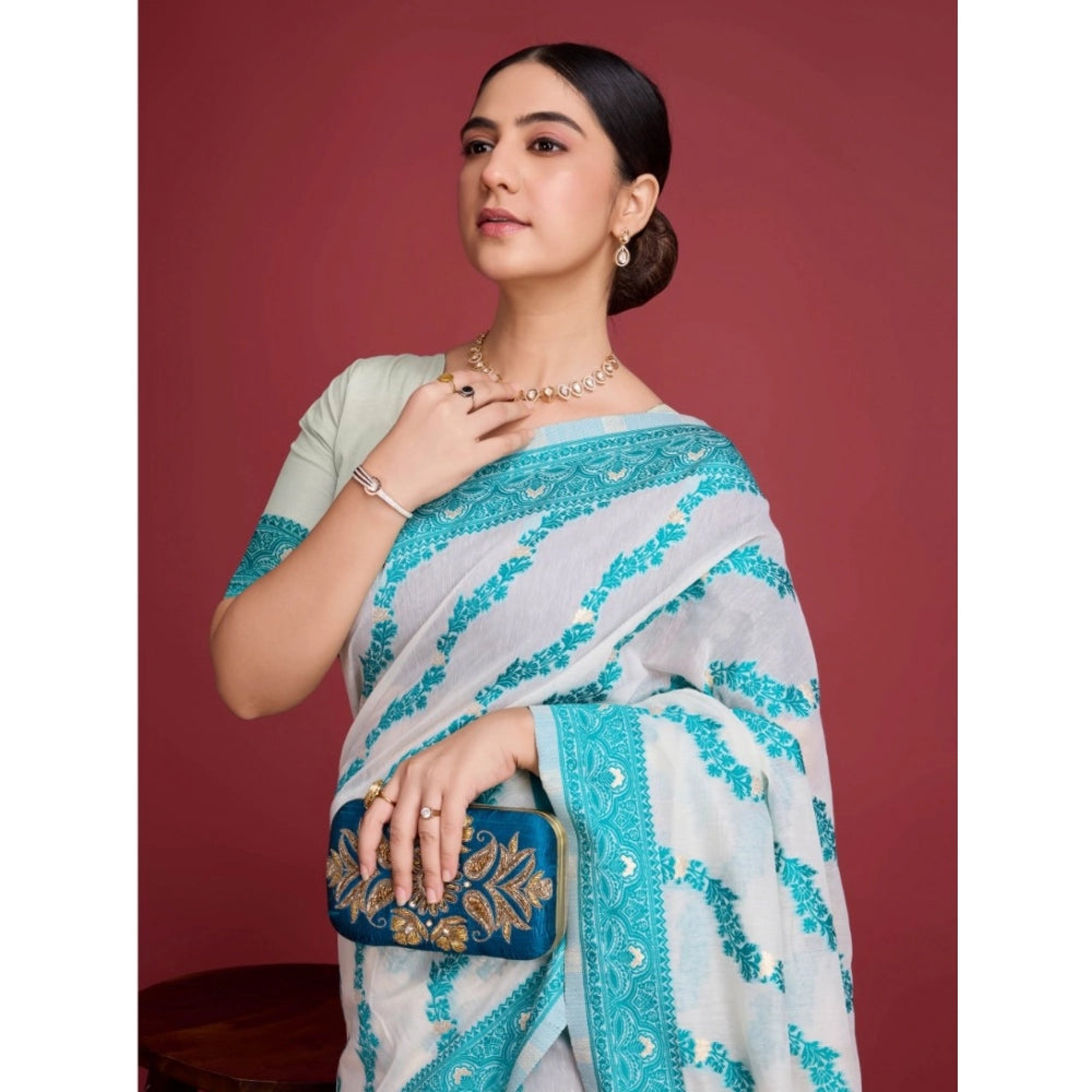 Snuggle Spot Women's Jamdani Cotton Silk Printed Saree With Unstitched Blouse 5.5Mtr (Rama)