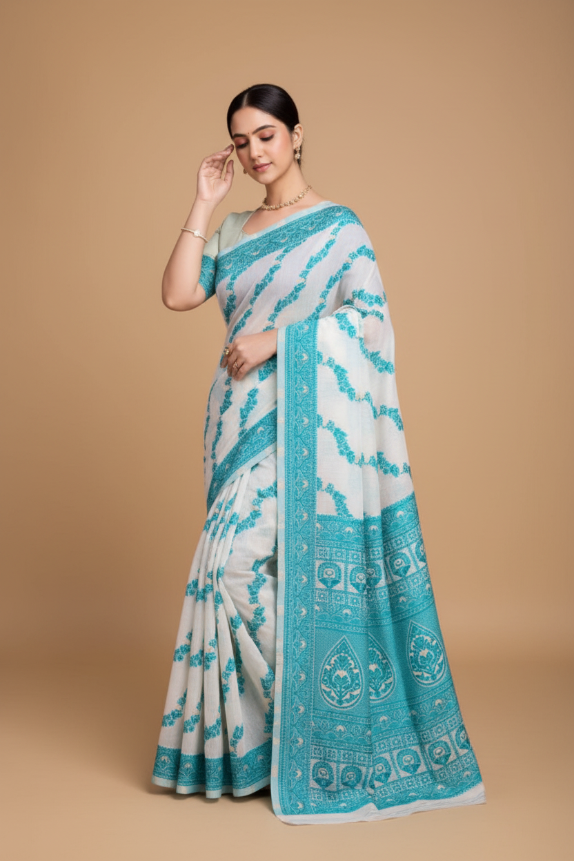 Snuggle Spot Women's Jamdani Cotton Silk Printed Saree With Unstitched Blouse 5.5Mtr (Rama)