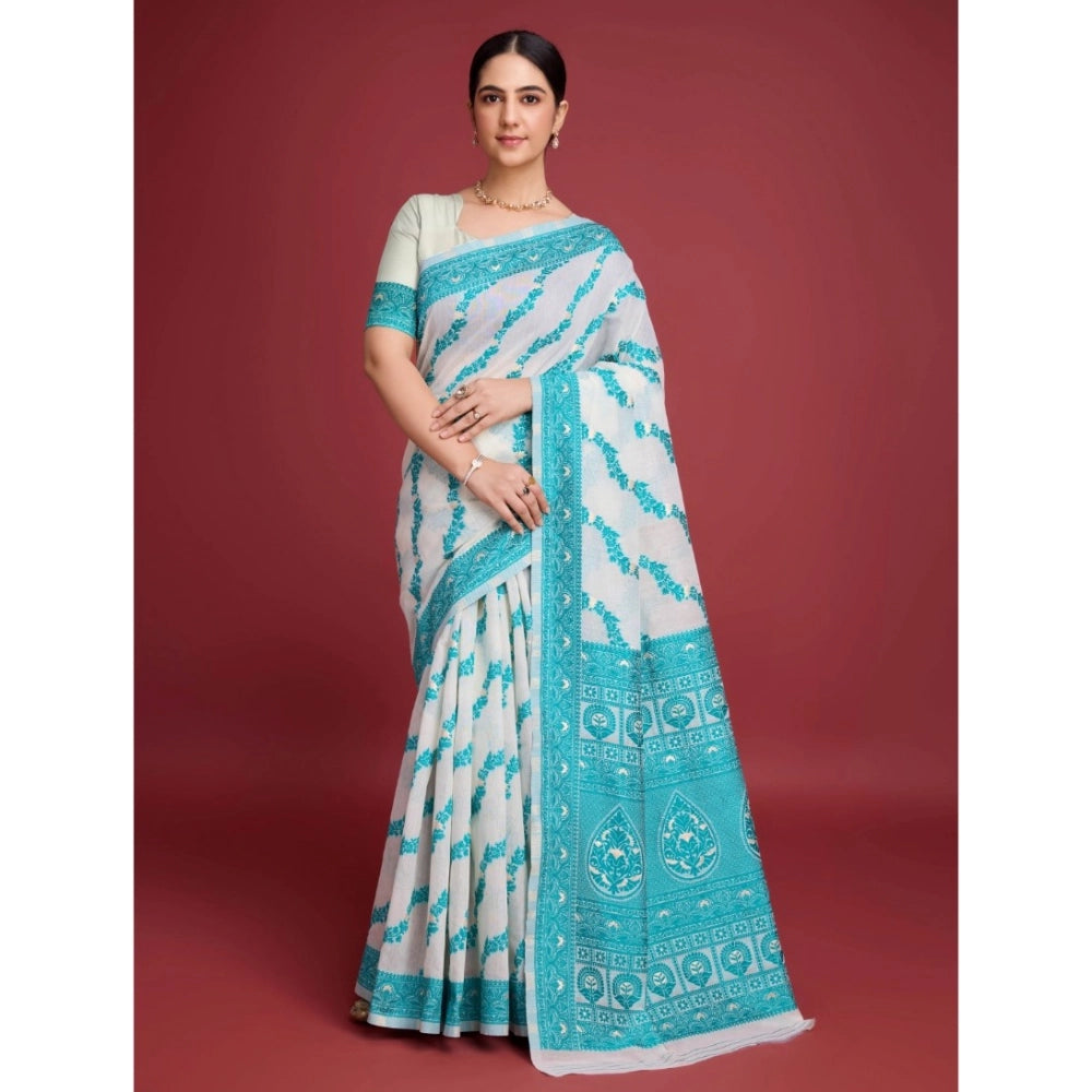 Snuggle Spot Women's Jamdani Cotton Silk Printed Saree With Unstitched Blouse 5.5Mtr (Rama)