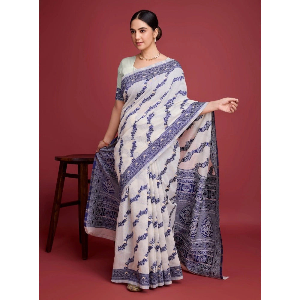 Snuggle Spot Women's Jamdani Cotton Silk Printed Saree With Unstitched Blouse 5.5Mtr (Navy Blue)