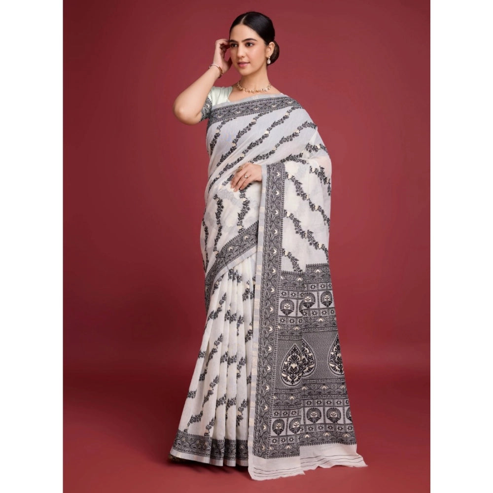 Snuggle Spot Women's Jamdani Cotton Silk Printed Saree With Unstitched Blouse 5.5Mtr (Black)
