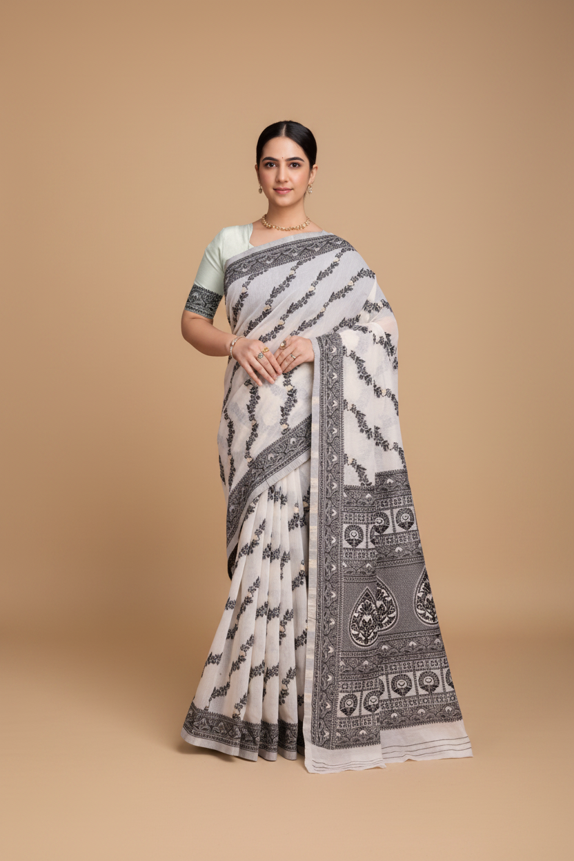 Snuggle Spot Women's Jamdani Cotton Silk Printed Saree With Unstitched Blouse 5.5Mtr (Black)