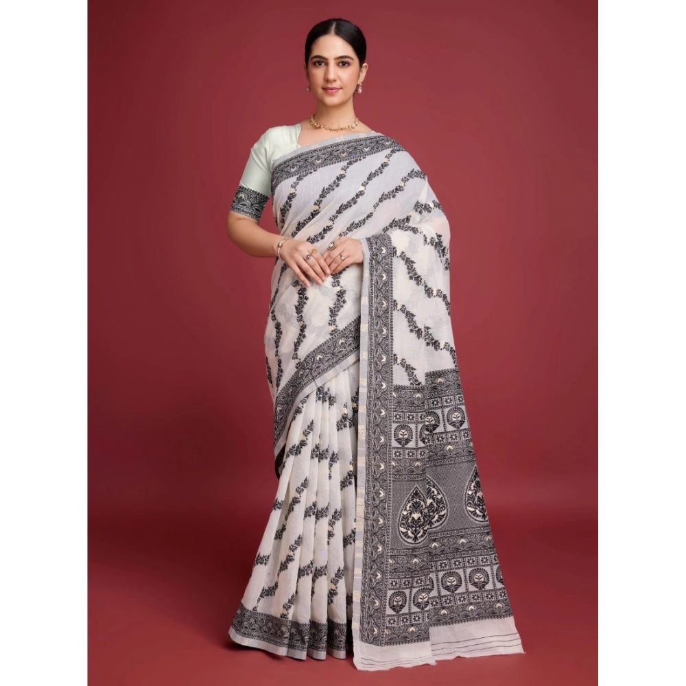 Snuggle Spot Women's Jamdani Cotton Silk Printed Saree With Unstitched Blouse 5.5Mtr (Black)