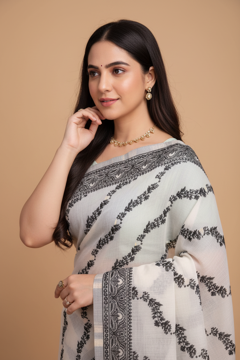 Snuggle Spot Women's Jamdani Cotton Silk Printed Saree With Unstitched Blouse 5.5Mtr (Black)
