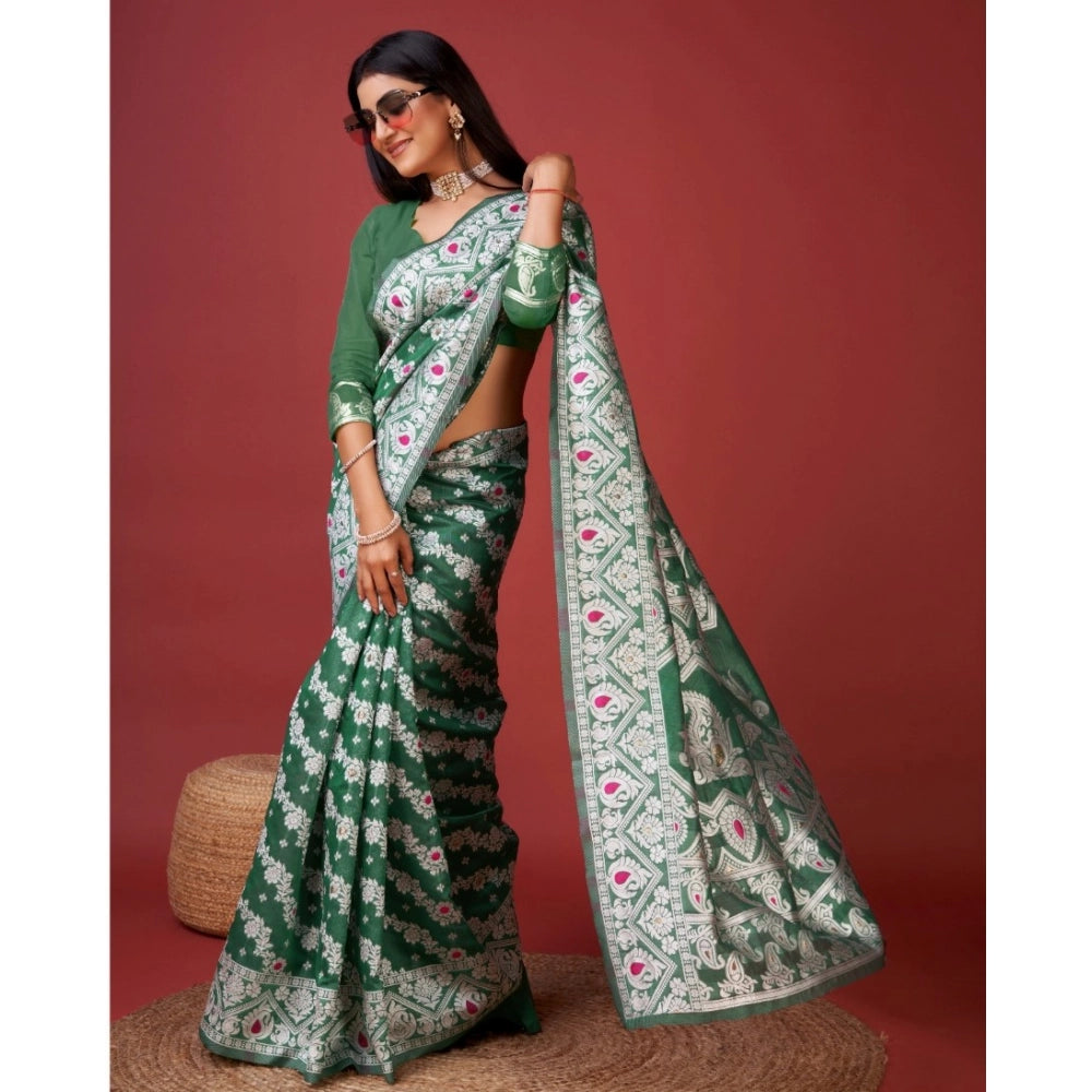 Snuggle Spot Women's Cotton Silk Printed Saree With Unstitched Blouse 5.5Mtr (Green)