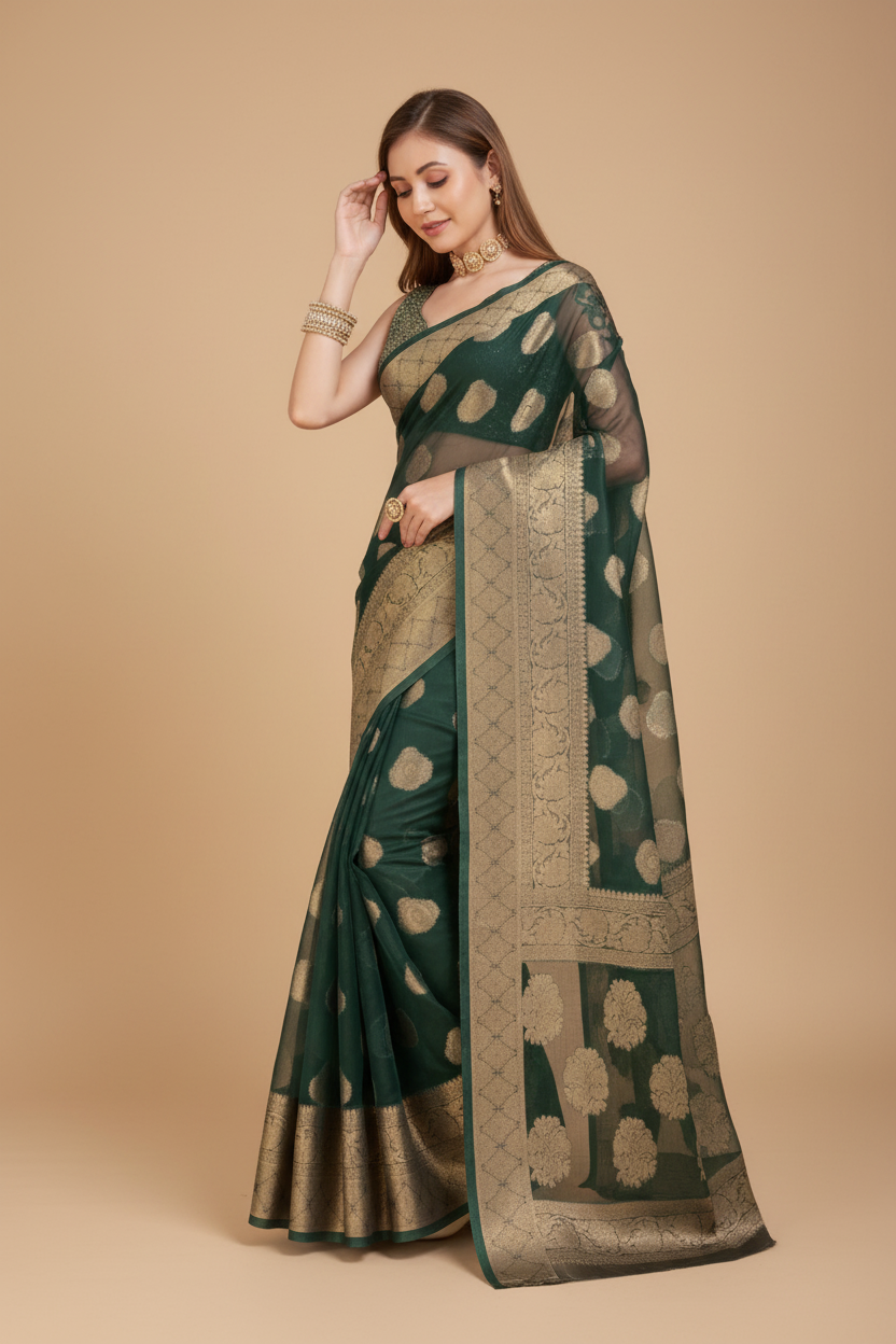 Snuggle Spot Women's Soft Organza Silk Weaving Design Saree With Unstitched Blouse 5.5Mtr (Green)