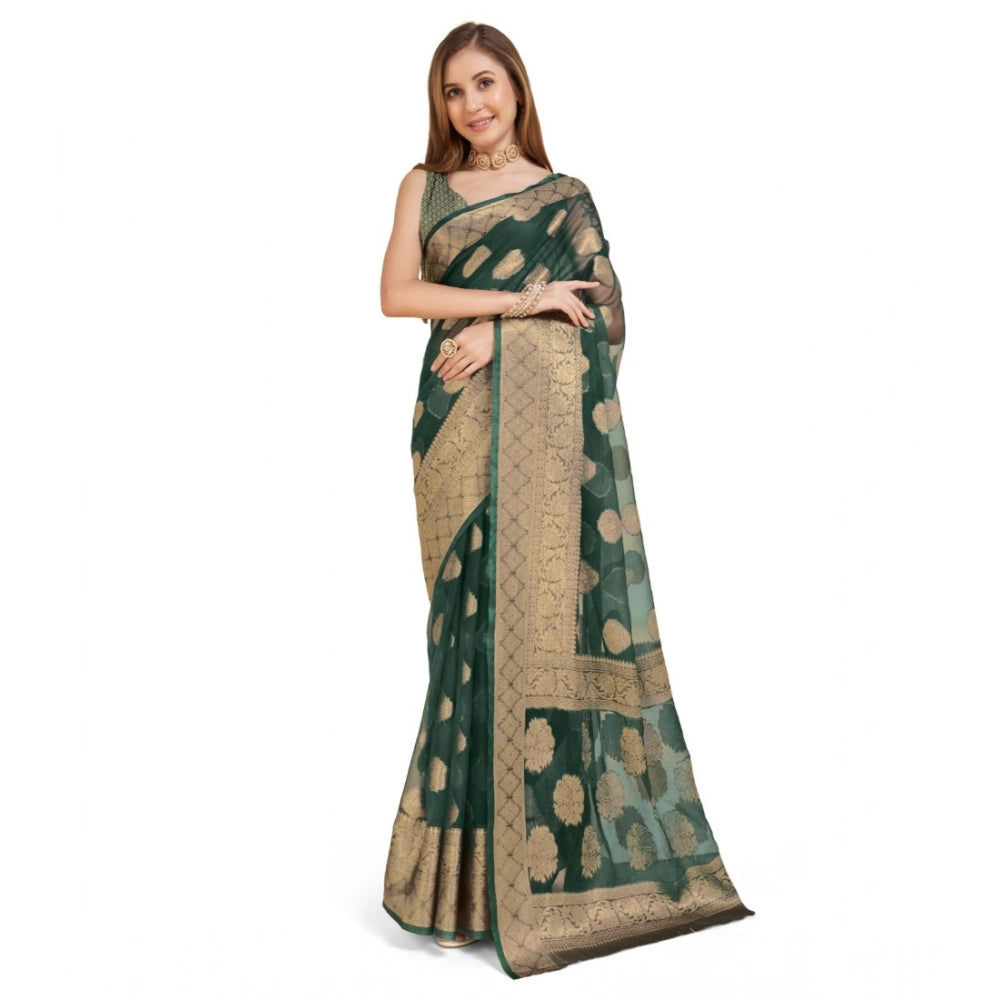 Snuggle Spot Women's Soft Organza Silk Weaving Design Saree With Unstitched Blouse 5.5Mtr (Green)