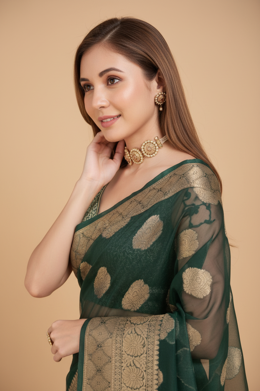 Snuggle Spot Women's Soft Organza Silk Weaving Design Saree With Unstitched Blouse 5.5Mtr (Green)