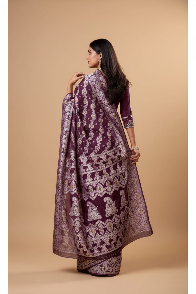 Snuggle Spot Women's Cotton Silk Printed Saree With Unstitched Blouse 5.5Mtr (Purple)