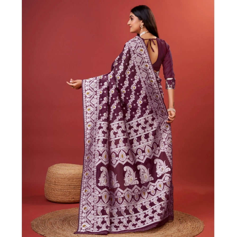 Snuggle Spot Women's Cotton Silk Printed Saree With Unstitched Blouse 5.5Mtr (Purple)