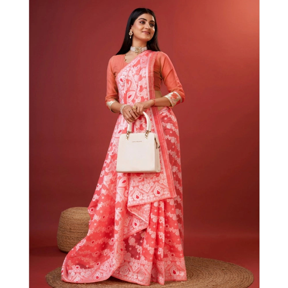 Snuggle Spot Women's Cotton Silk Printed Saree With Unstitched Blouse 5.5Mtr (Peach)