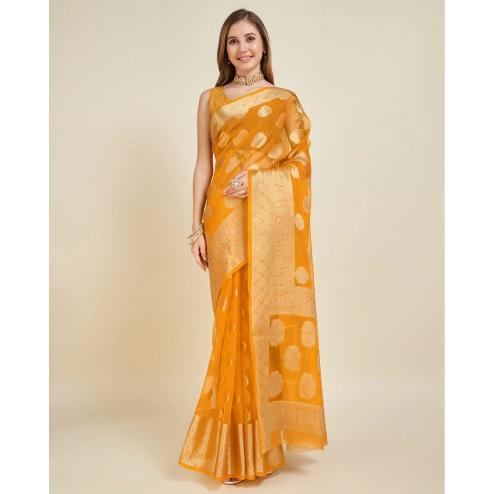 Snuggle Spot Women's Soft Organza Silk Weaving Design Saree With Unstitched Blouse 5.5Mtr (Yellow)