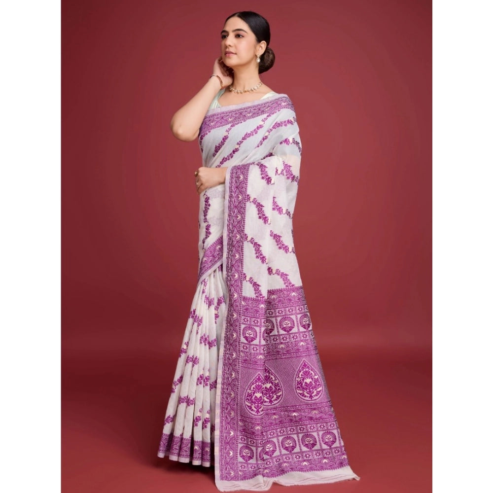 Snuggle Spot Women's Jamdani Cotton Silk Printed Saree With Unstitched Blouse 5.5Mtr (Wine)
