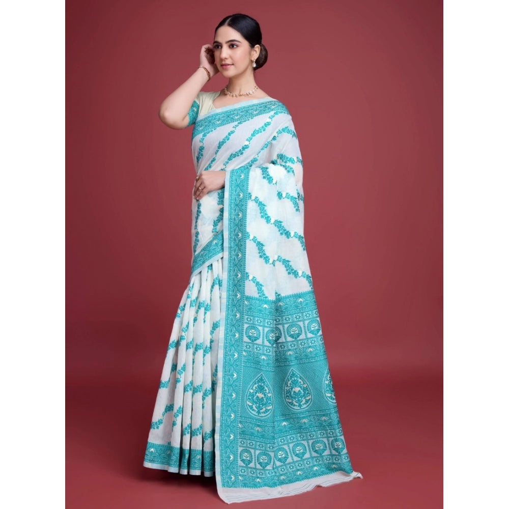 Snuggle Spot Women's Jamdani Cotton Silk Printed Saree With Unstitched Blouse 5.5Mtr (Rama)