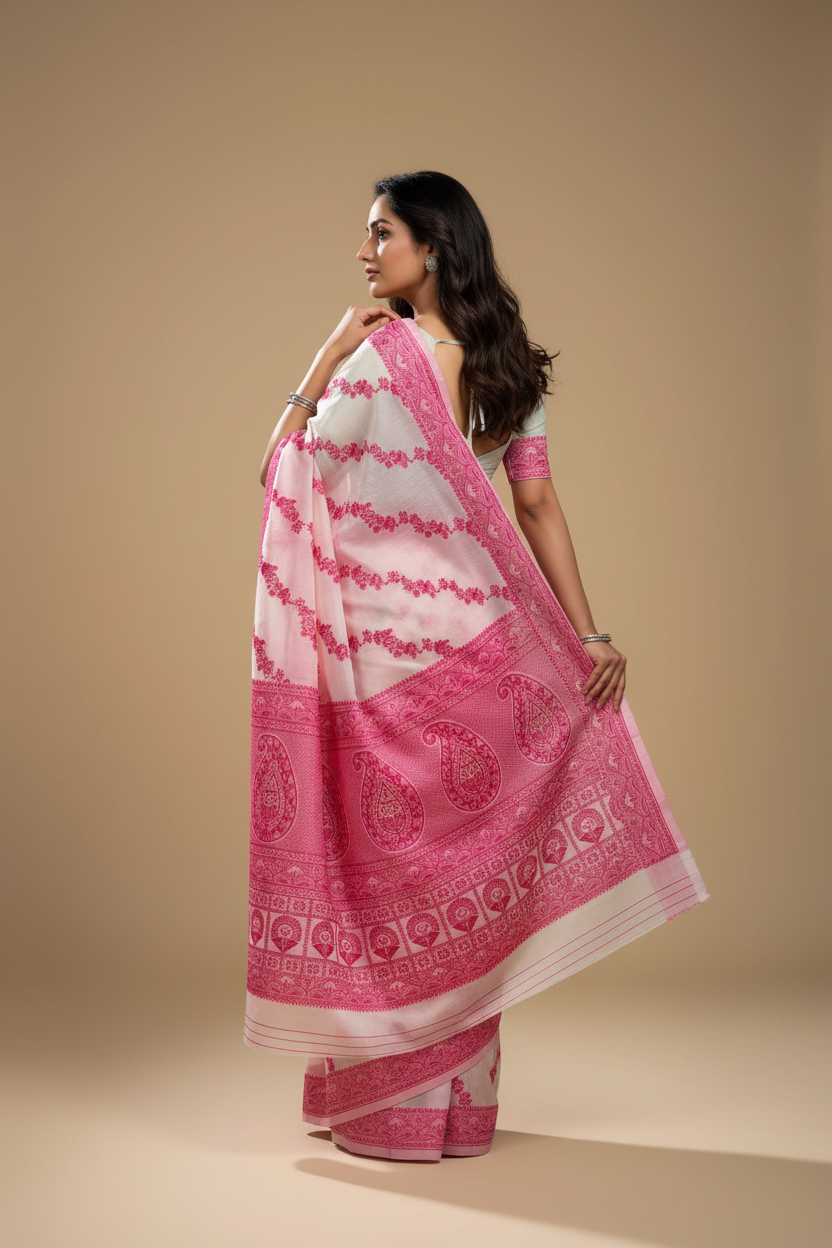 Snuggle Spot Women's Jamdani Cotton Silk Printed Saree With Unstitched Blouse 5.5Mtr (Pink)