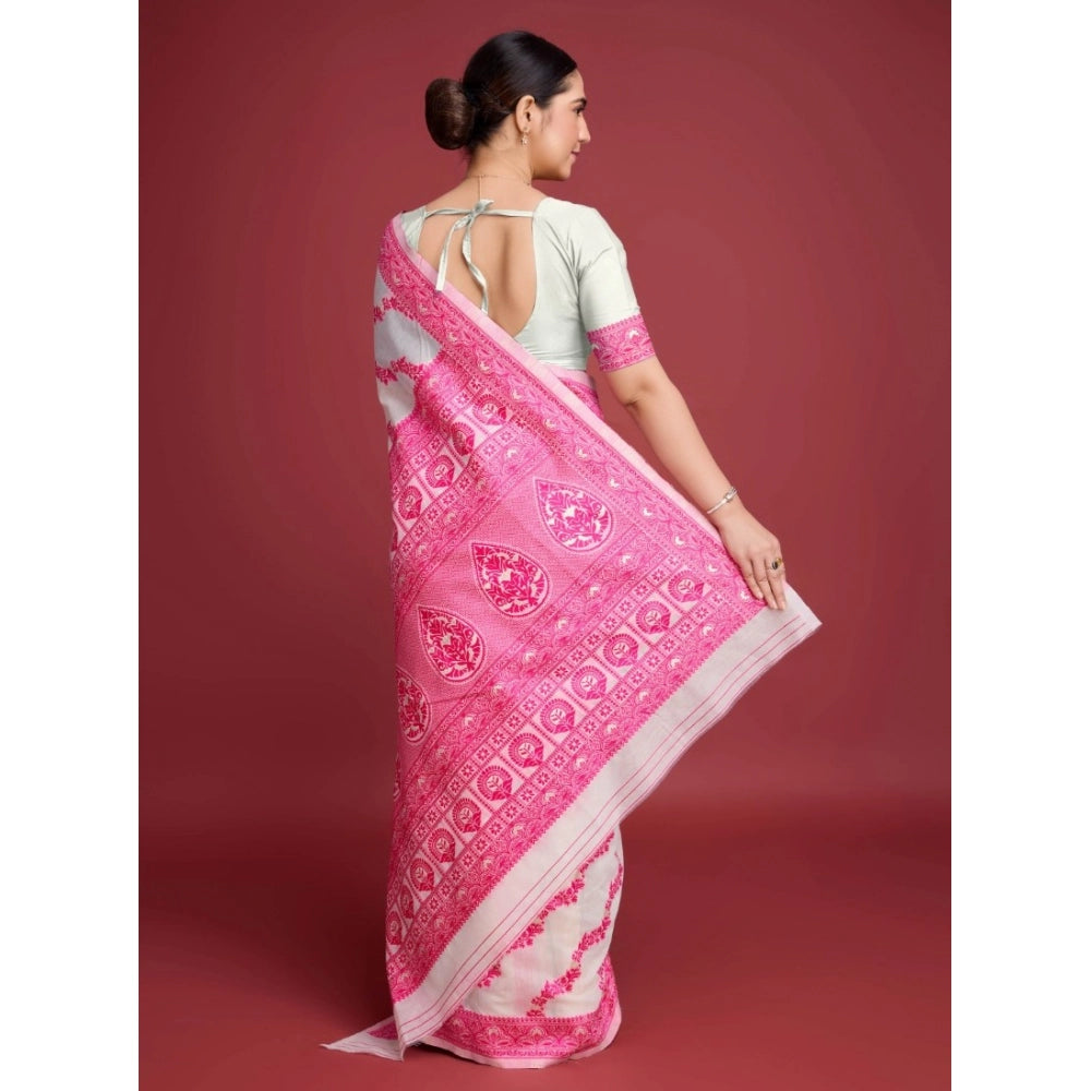 Snuggle Spot Women's Jamdani Cotton Silk Printed Saree With Unstitched Blouse 5.5Mtr (Pink)