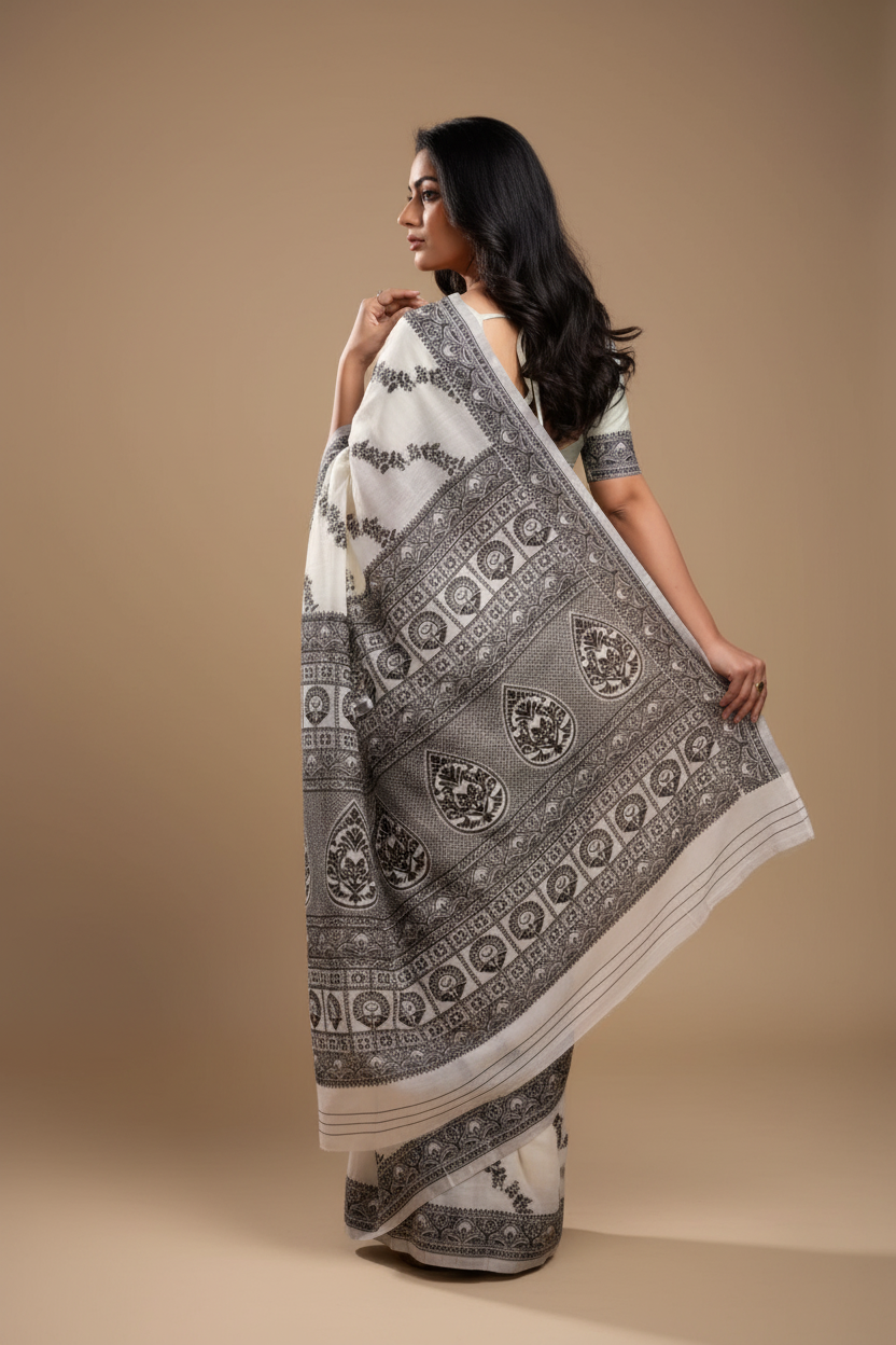 Snuggle Spot Women's Jamdani Cotton Silk Printed Saree With Unstitched Blouse 5.5Mtr (Black)