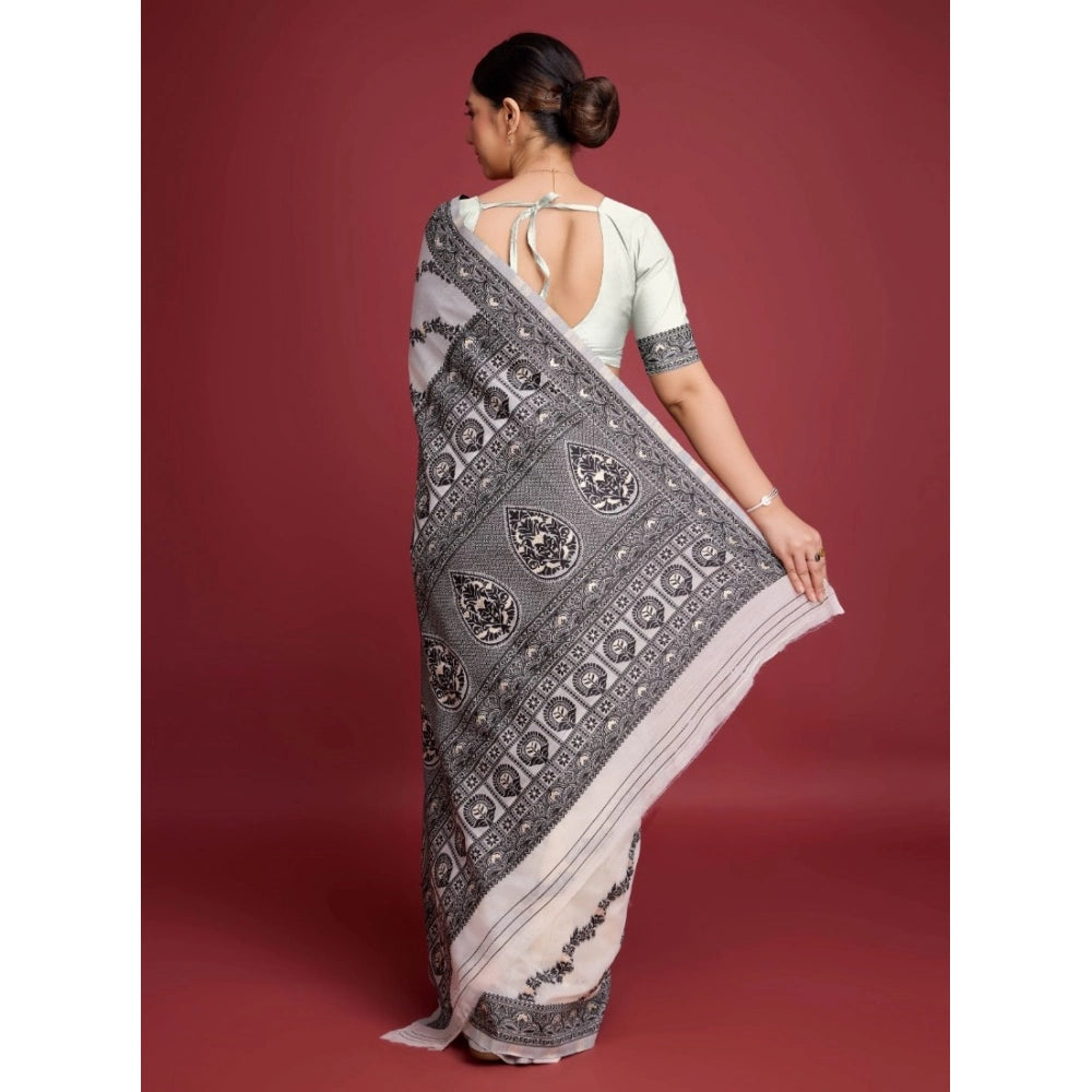 Snuggle Spot Women's Jamdani Cotton Silk Printed Saree With Unstitched Blouse 5.5Mtr (Black)