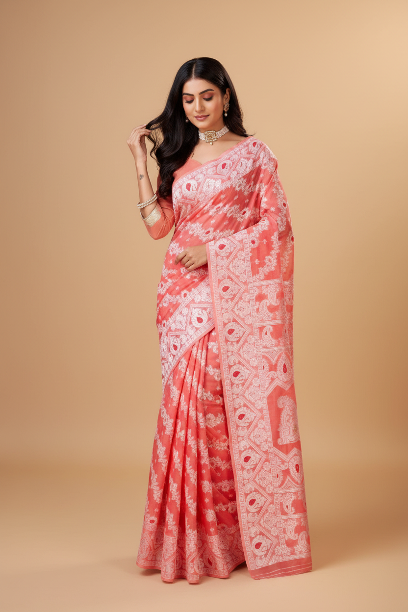 Snuggle Spot Women's Cotton Silk Printed Saree With Unstitched Blouse 5.5Mtr (Peach)