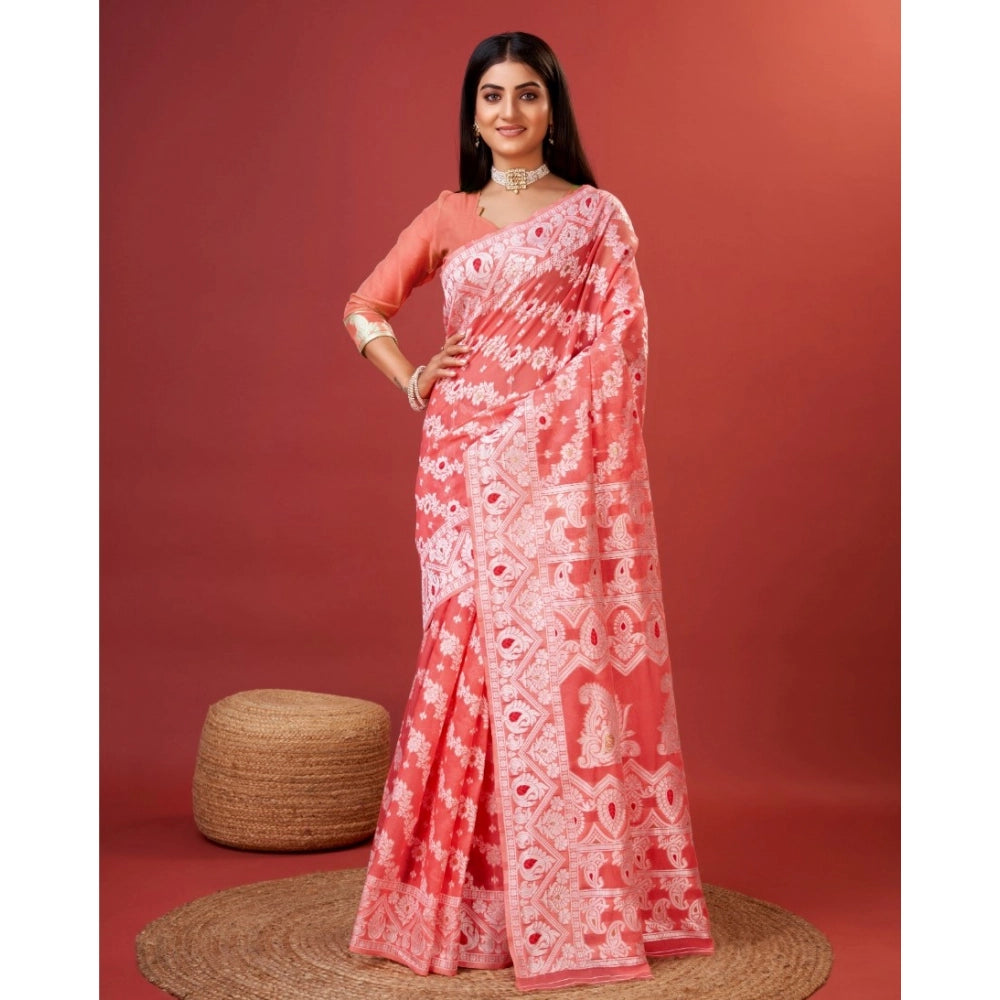 Snuggle Spot Women's Cotton Silk Printed Saree With Unstitched Blouse 5.5Mtr (Peach)