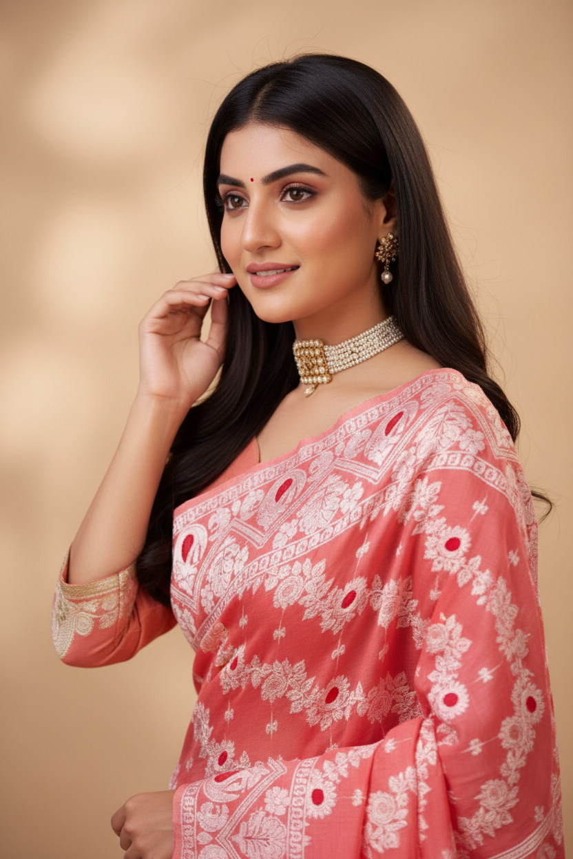 Snuggle Spot Women's Cotton Silk Printed Saree With Unstitched Blouse 5.5Mtr (Peach)
