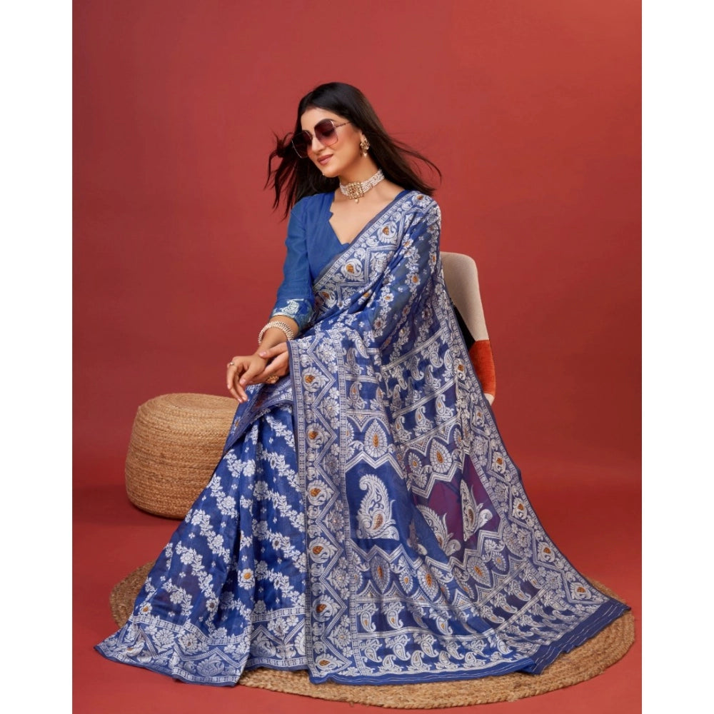 Snuggle Spot Women's Cotton Silk Printed Saree With Unstitched Blouse 5.5Mtr (Blue)