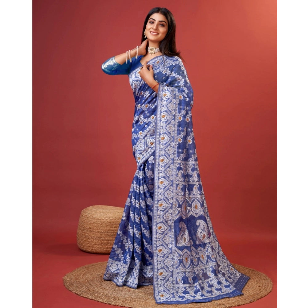 Snuggle Spot Women's Cotton Silk Printed Saree With Unstitched Blouse 5.5Mtr (Blue)