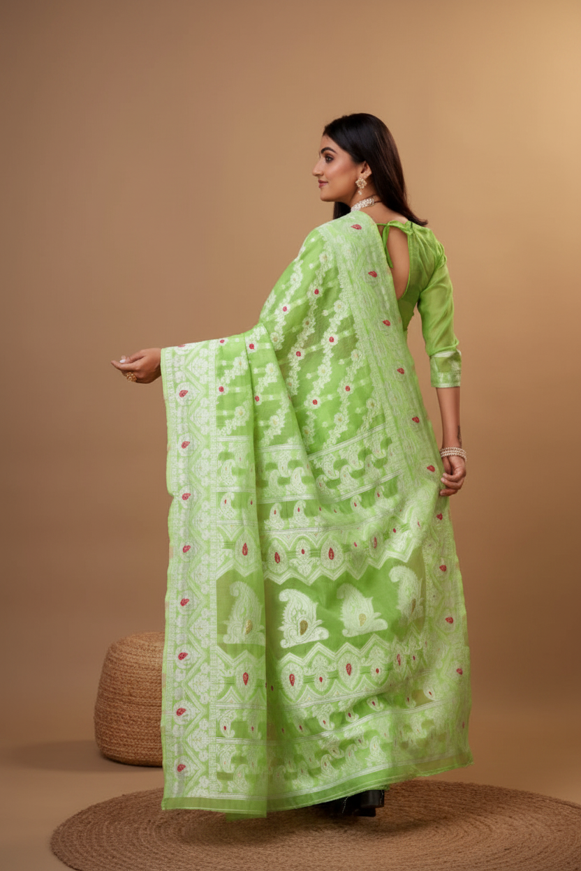 Snuggle Spot Women's Cotton Silk Printed Saree With Unstitched Blouse 5.5Mtr (Light Green)