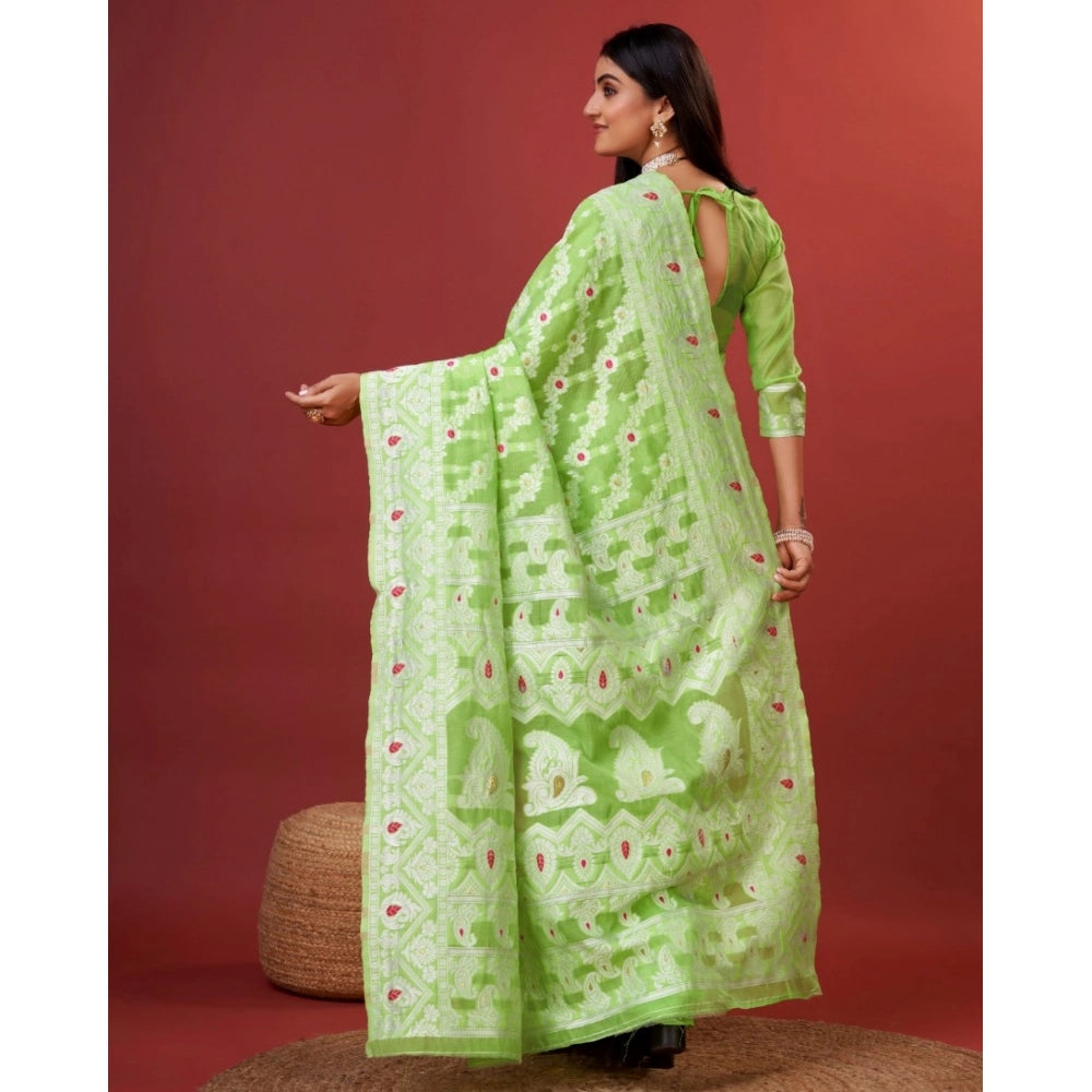 Snuggle Spot Women's Cotton Silk Printed Saree With Unstitched Blouse 5.5Mtr (Light Green)