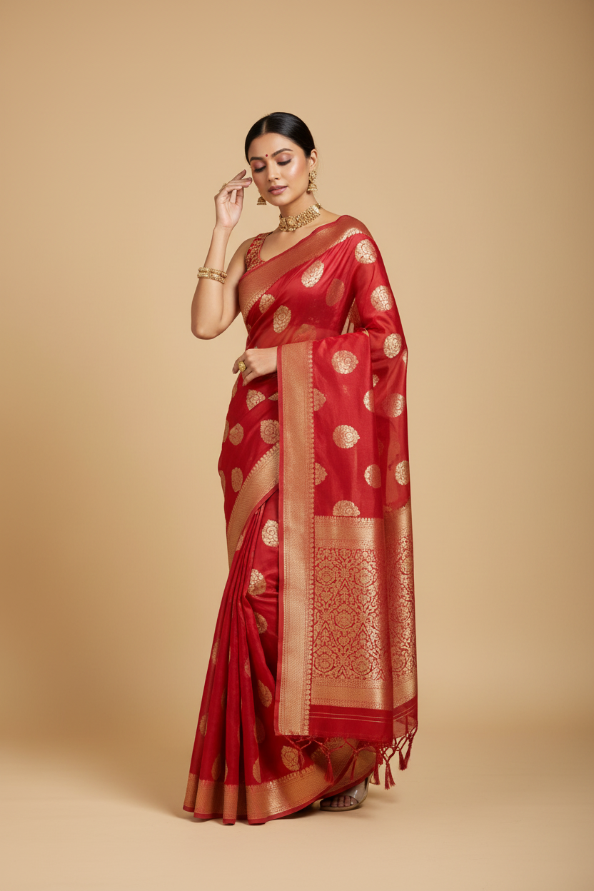 Snuggle Spot Women's Soft Organza Silk Weaving Design Saree With Unstitched Blouse 5.5Mtr (Red)