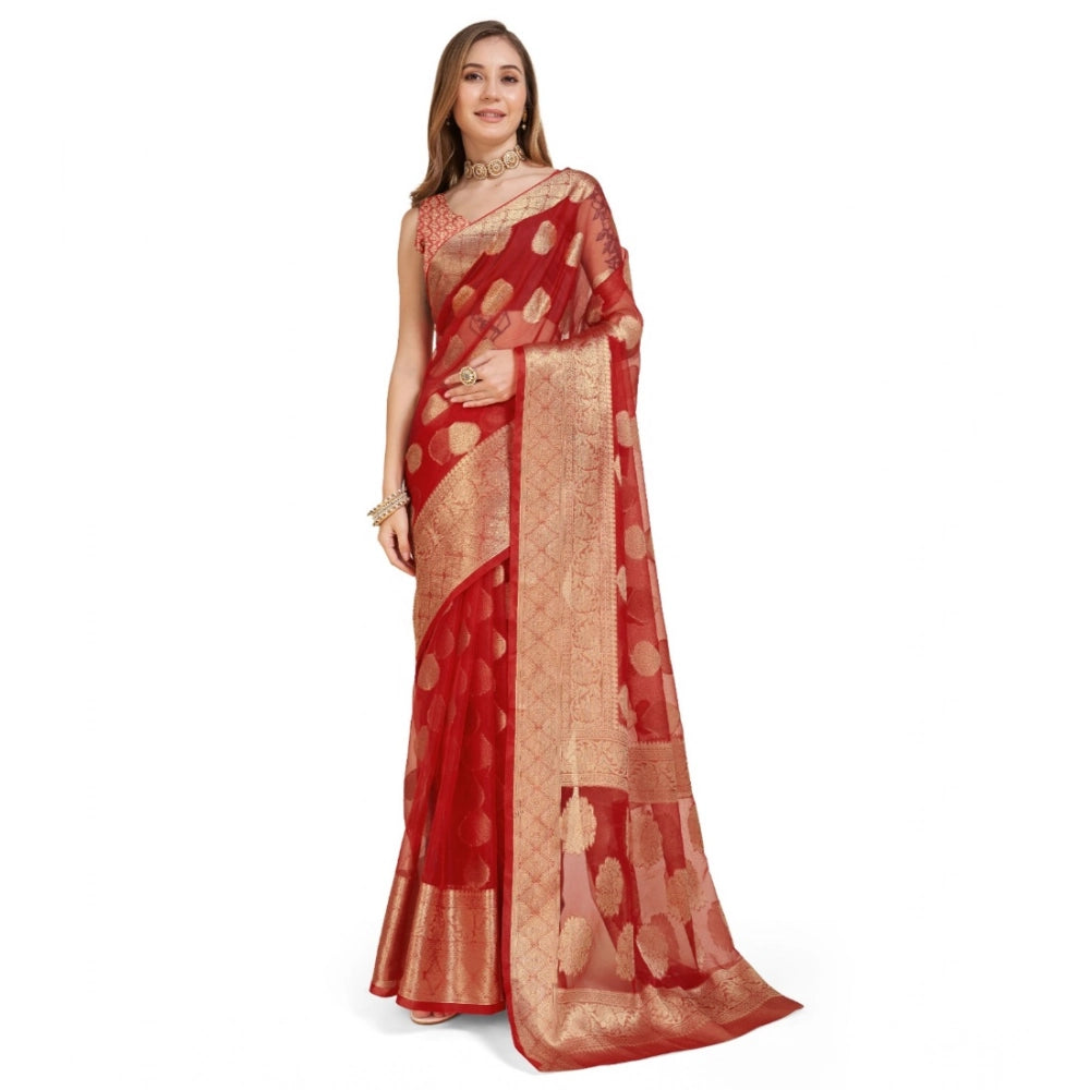 Snuggle Spot Women's Soft Organza Silk Weaving Design Saree With Unstitched Blouse 5.5Mtr (Red)