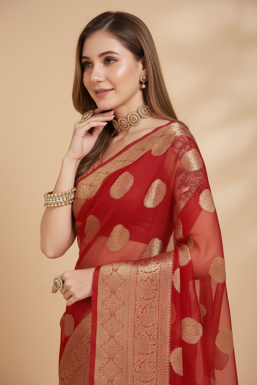 Snuggle Spot Women's Soft Organza Silk Weaving Design Saree With Unstitched Blouse 5.5Mtr (Red)