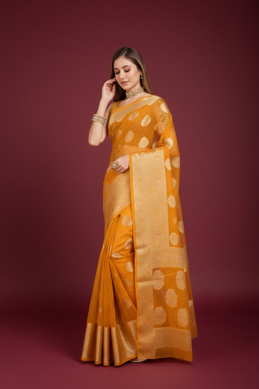 Snuggle Spot Women's Soft Organza Silk Weaving Design Saree With Unstitched Blouse 5.5Mtr (Yellow)
