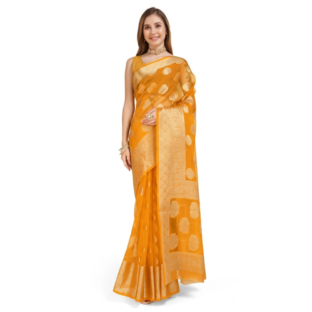 Snuggle Spot Women's Soft Organza Silk Weaving Design Saree With Unstitched Blouse 5.5Mtr (Yellow)