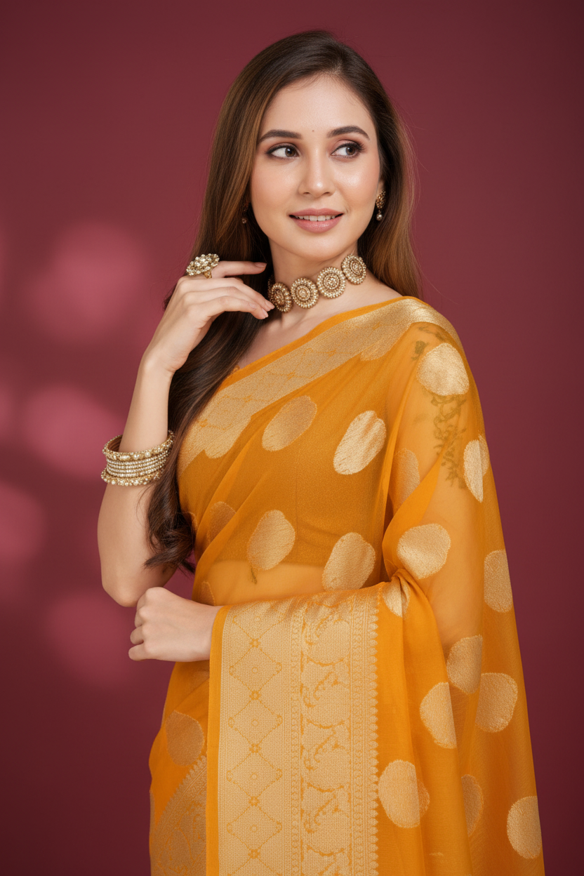 Snuggle Spot Women's Soft Organza Silk Weaving Design Saree With Unstitched Blouse 5.5Mtr (Yellow)
