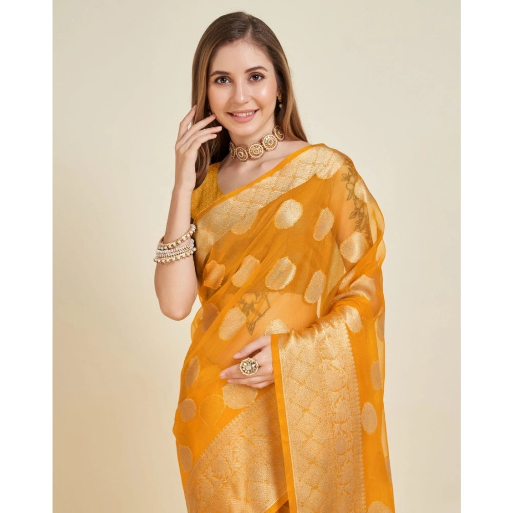 Snuggle Spot Women's Soft Organza Silk Weaving Design Saree With Unstitched Blouse 5.5Mtr (Yellow)