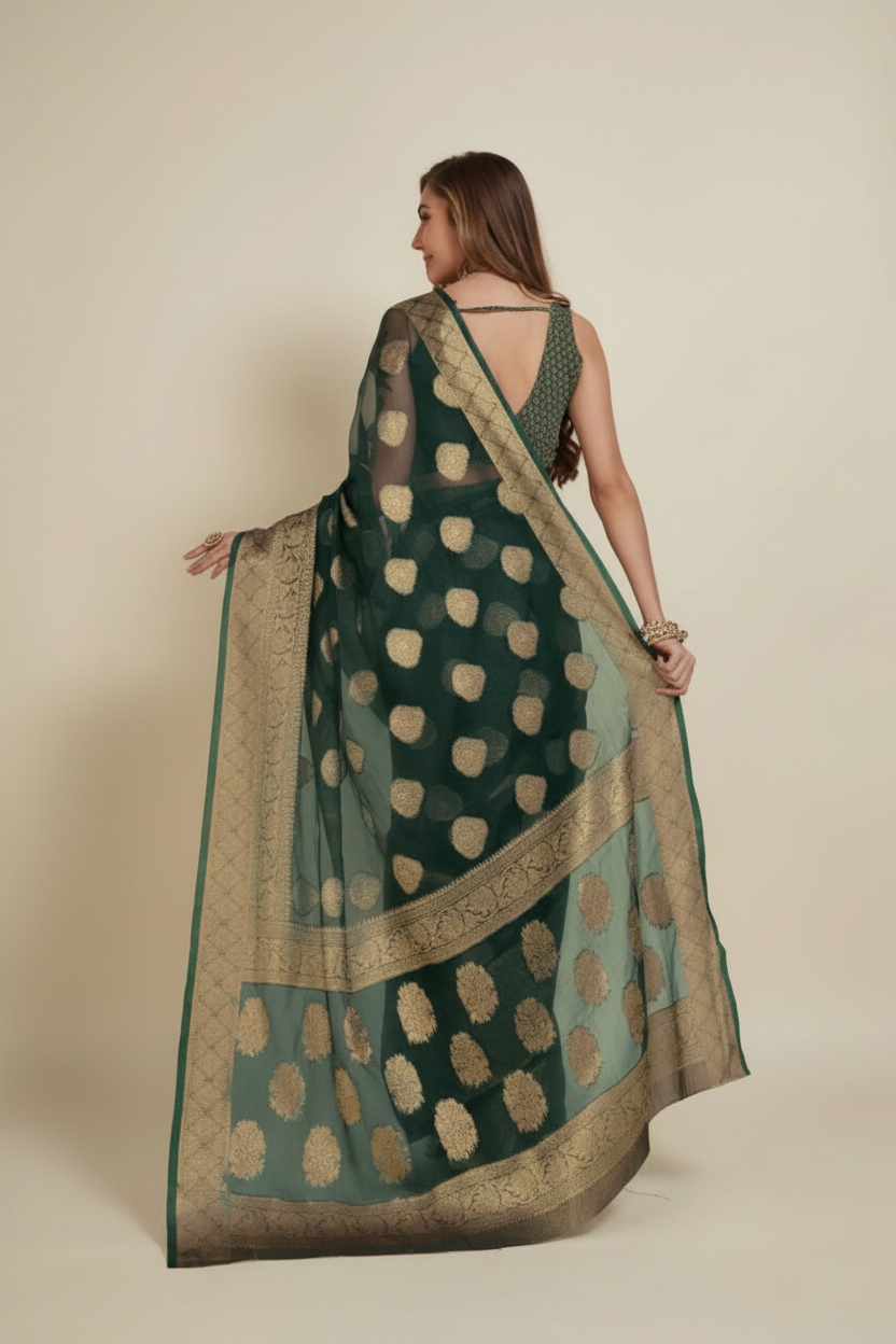 Snuggle Spot Women's Soft Organza Silk Weaving Design Saree With Unstitched Blouse 5.5Mtr (Green)