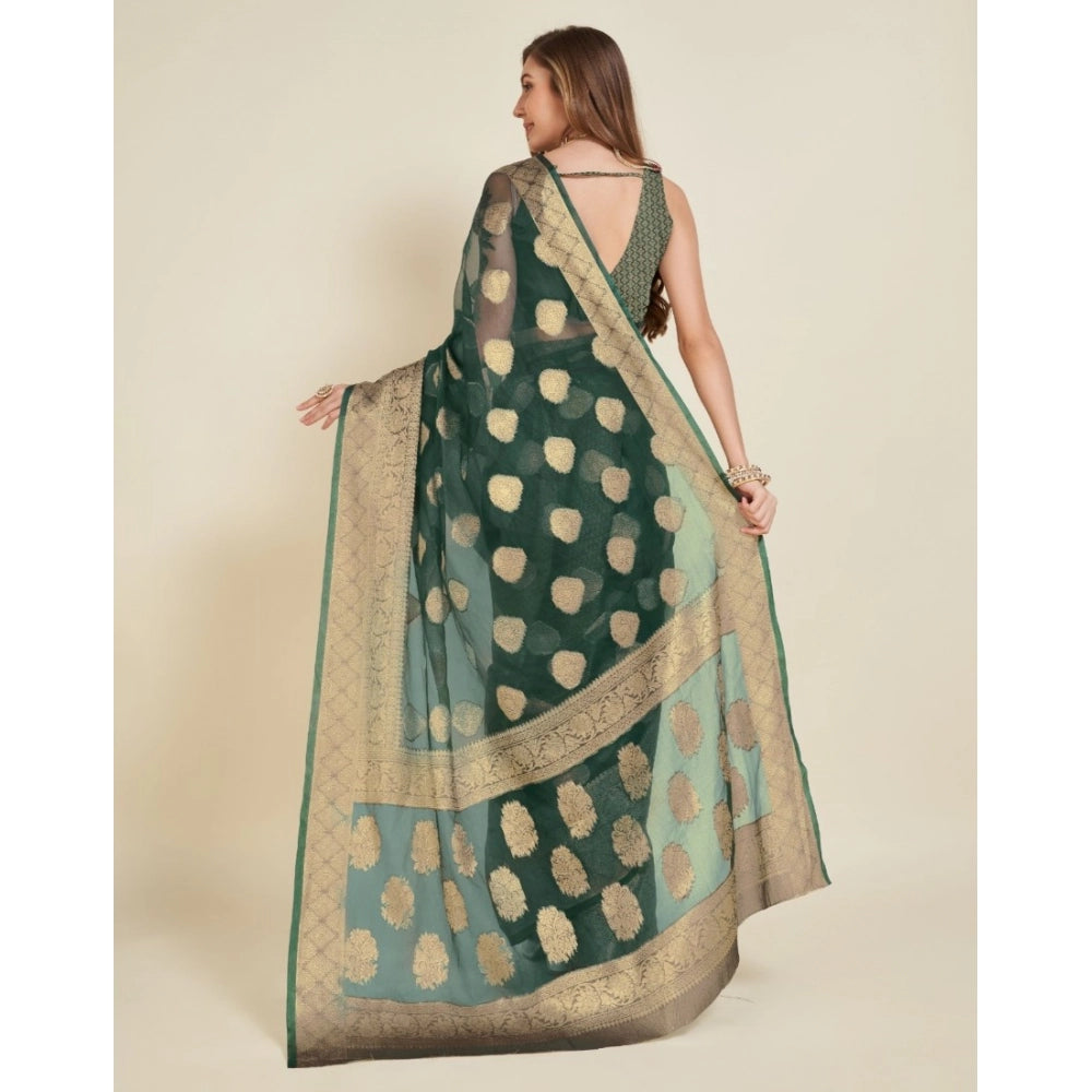 Snuggle Spot Women's Soft Organza Silk Weaving Design Saree With Unstitched Blouse 5.5Mtr (Green)