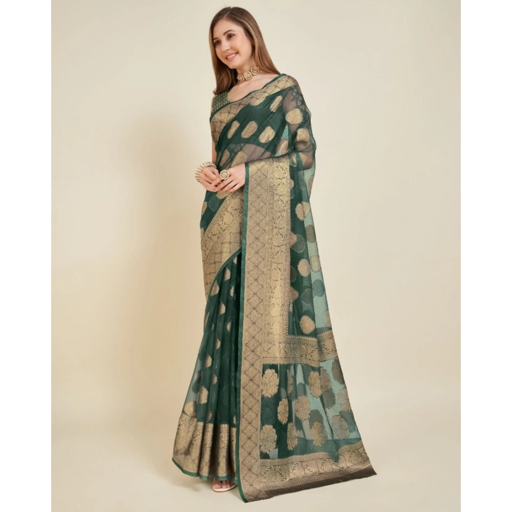 Snuggle Spot Women's Soft Organza Silk Weaving Design Saree With Unstitched Blouse 5.5Mtr (Green)
