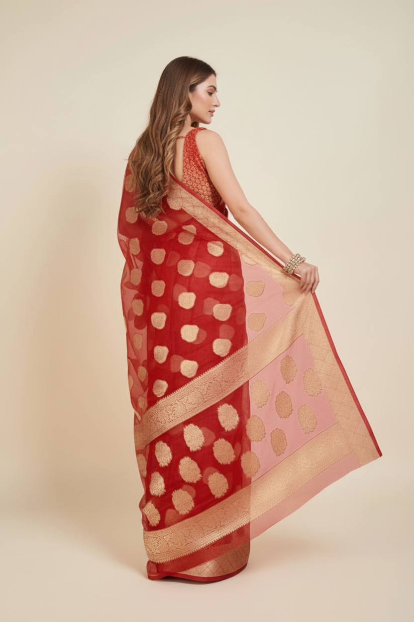 Snuggle Spot Women's Soft Organza Silk Weaving Design Saree With Unstitched Blouse 5.5Mtr (Red)
