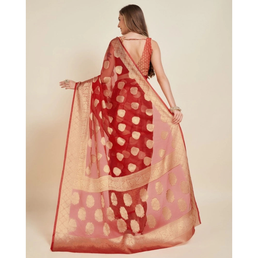 Snuggle Spot Women's Soft Organza Silk Weaving Design Saree With Unstitched Blouse 5.5Mtr (Red)