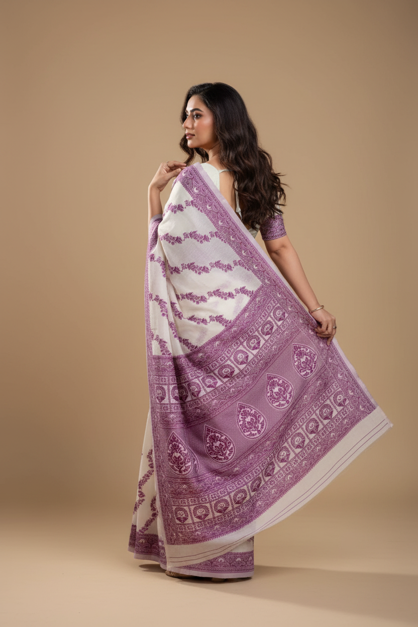 Snuggle Spot Women's Jamdani Cotton Silk Printed Saree With Unstitched Blouse 5.5Mtr (Wine)