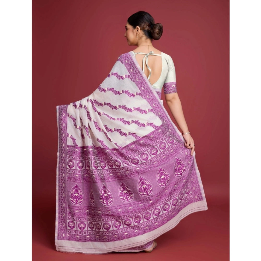 Snuggle Spot Women's Jamdani Cotton Silk Printed Saree With Unstitched Blouse 5.5Mtr (Wine)