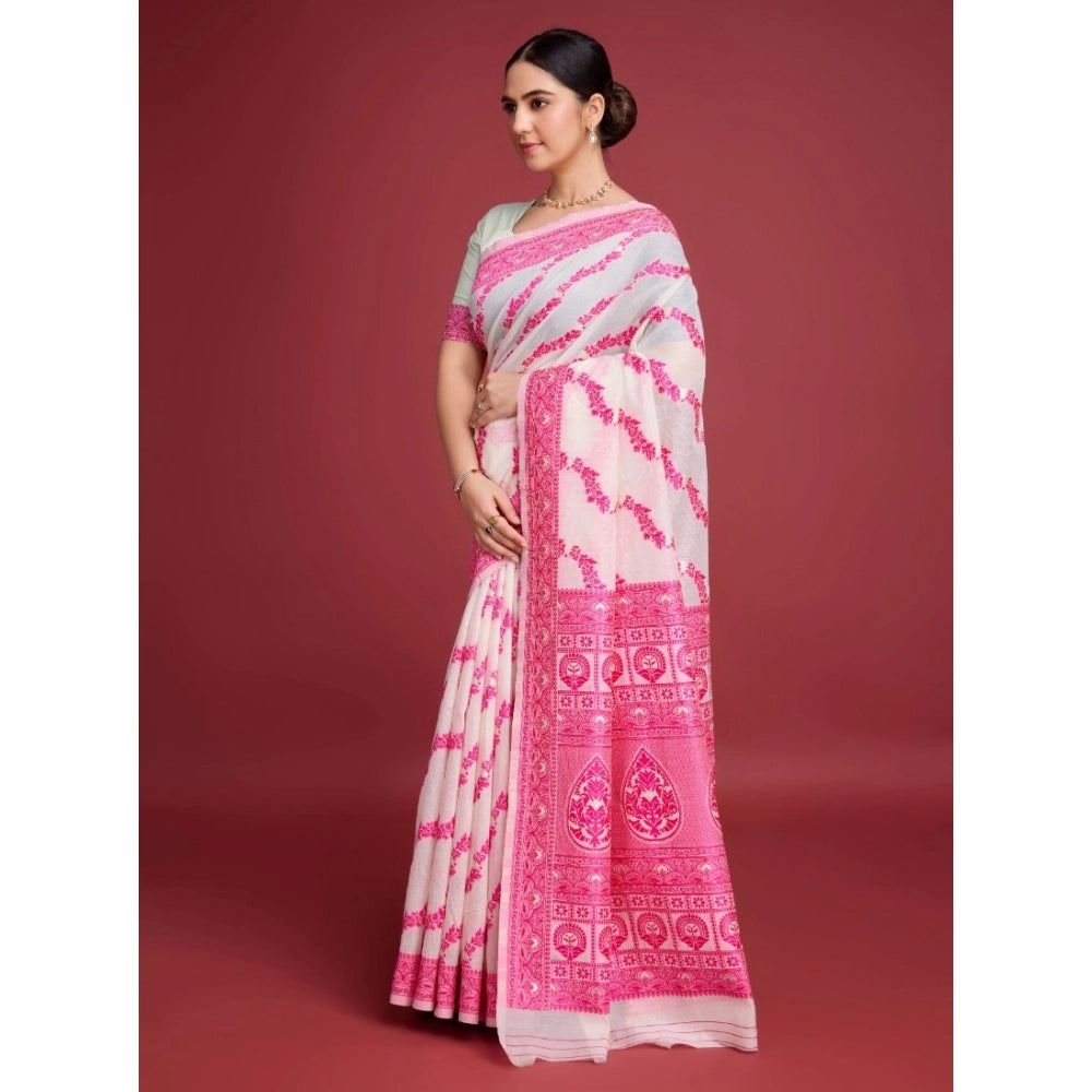 Snuggle Spot Women's Jamdani Cotton Silk Printed Saree With Unstitched Blouse 5.5Mtr (Pink)