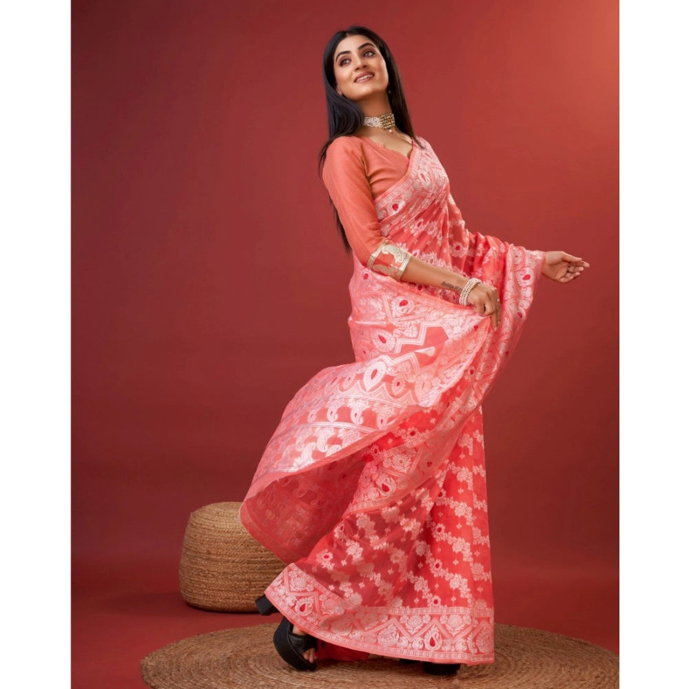 Snuggle Spot Women's Cotton Silk Printed Saree With Unstitched Blouse 5.5Mtr (Peach)