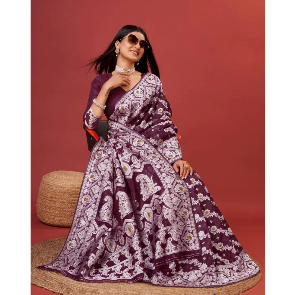 Snuggle Spot Women's Cotton Silk Printed Saree With Unstitched Blouse 5.5Mtr (Purple)