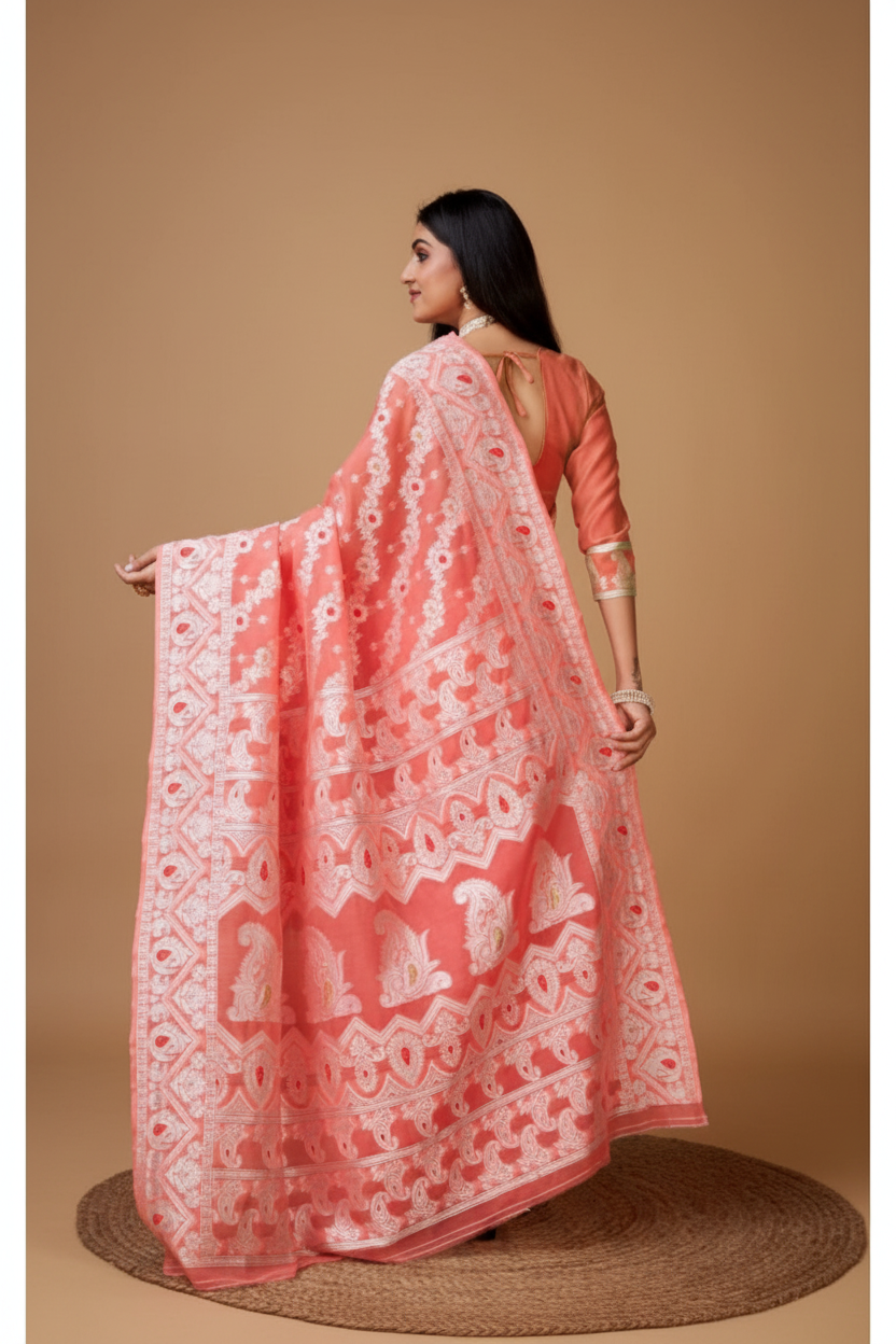 Snuggle Spot Women's Cotton Silk Printed Saree With Unstitched Blouse 5.5Mtr (Peach)