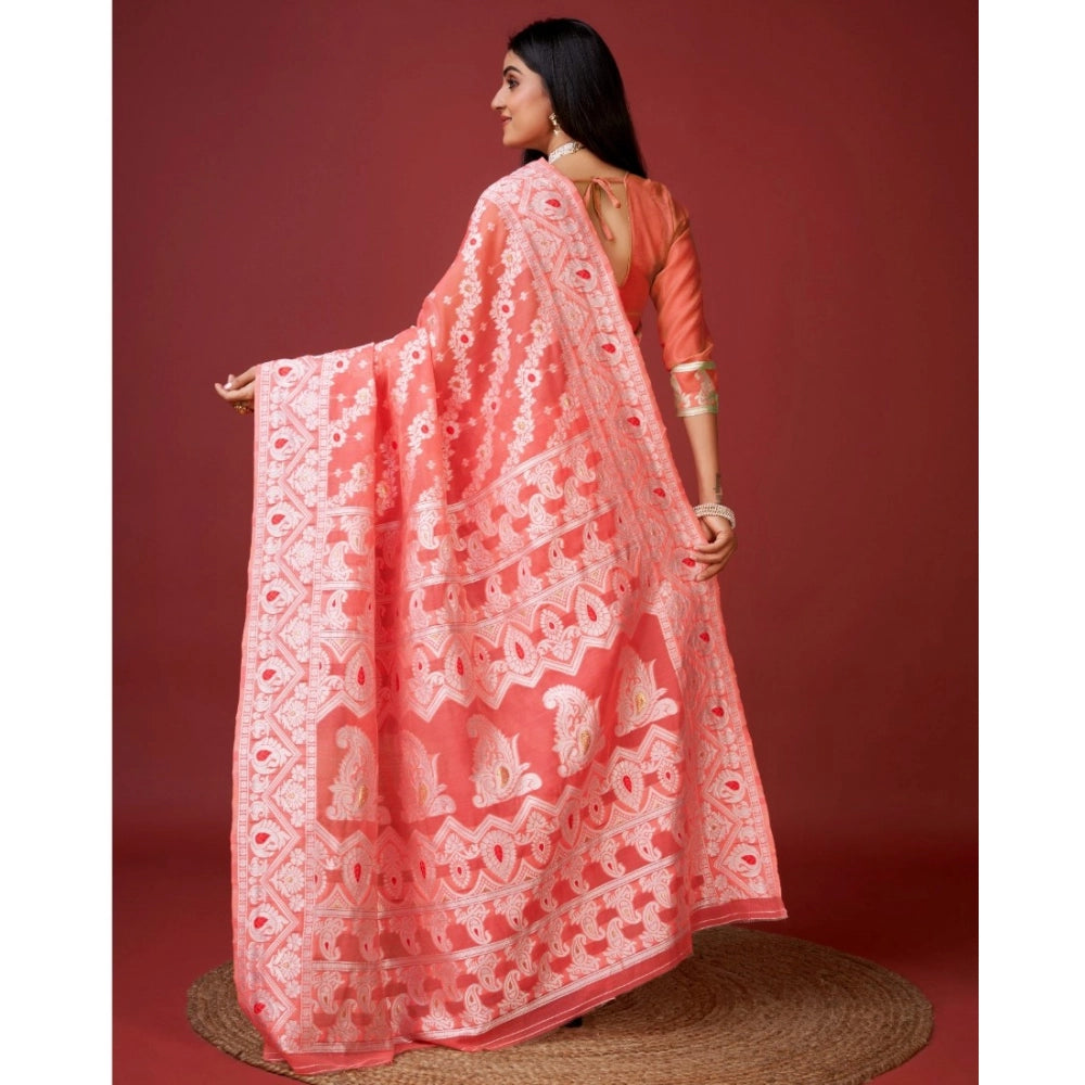 Snuggle Spot Women's Cotton Silk Printed Saree With Unstitched Blouse 5.5Mtr (Peach)
