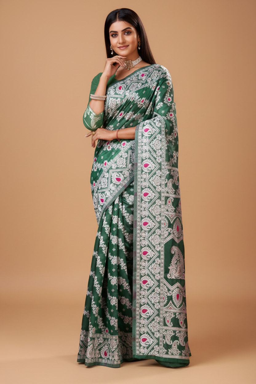 Snuggle Spot Women's Cotton Silk Printed Saree With Unstitched Blouse 5.5Mtr (Green)