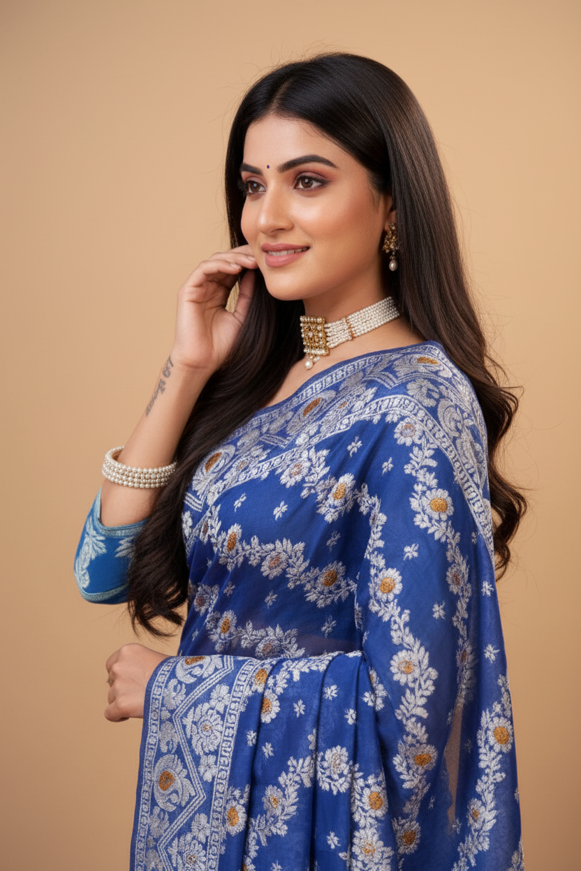 Snuggle Spot Women's Cotton Silk Printed Saree With Unstitched Blouse 5.5Mtr (Blue)